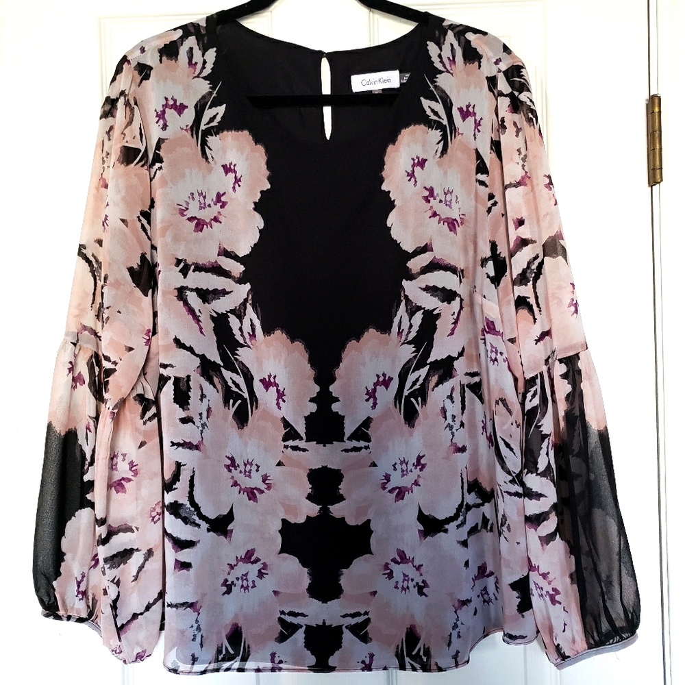 Calvin Klein blouse XL black, pink flowers silky
